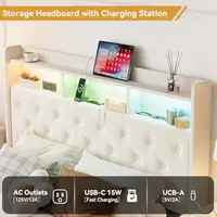 Full LED Bed Frame with Storage Headboard & Charging Station, Velvet Fabric Platform Bed Frames with 4 Drawers,Beige 5