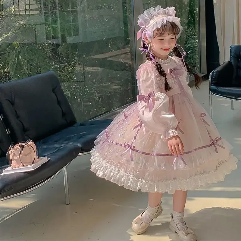 Birthday Party Lolita Sweet Dress Girls Kids Pink-purple Long Sleeve Dress Cute Princess Doll Teen For Girls 2-10Y