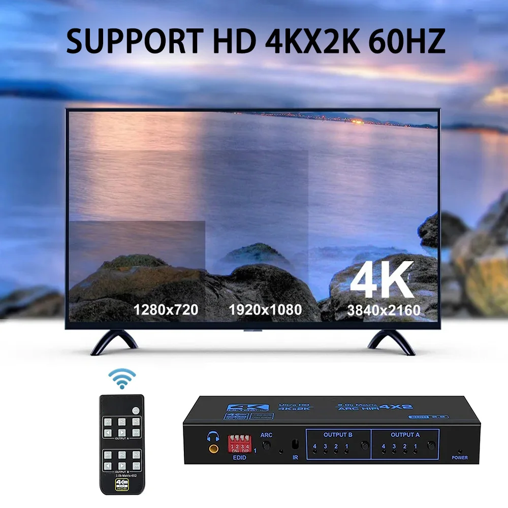 4K 60Hz Matrix 4X2 Met Optische 3.5Mm Stereo Audio Uit Schakelaar Splitter 4 In 2 Uit Ondersteuning Arc Hdcp 2.2 Edid Hdmi-Compatibel