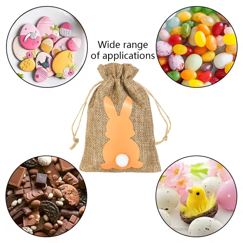 6pcs Easter Burlap Candy Bags Cute Bunny Linen Treat Gift Bags Kids Happy Easter Party Decoration Cookie Snack Packing Supplies