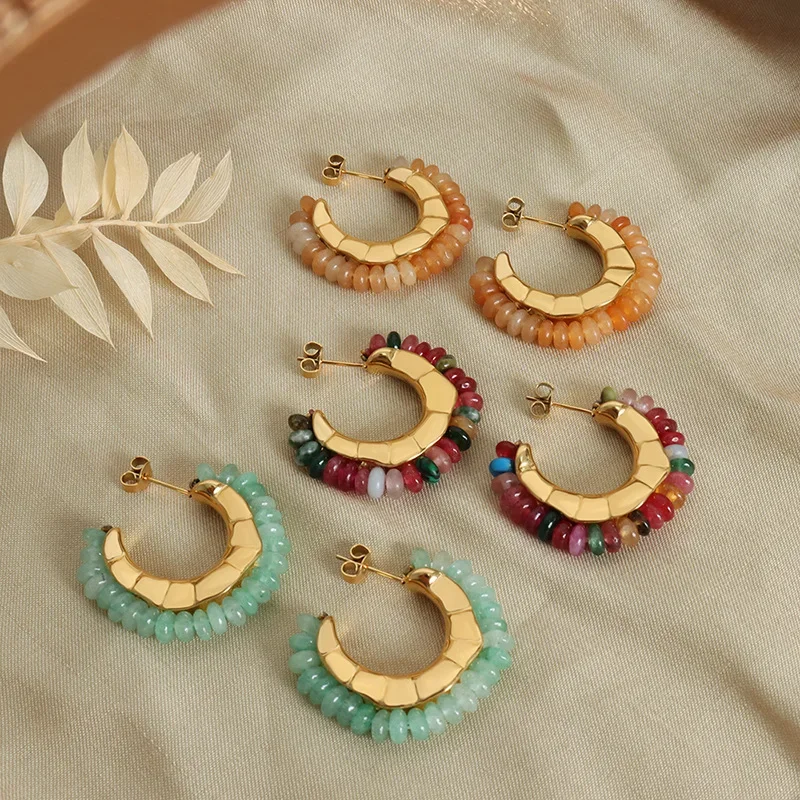 

Minar INS Hot 18K Gold PVD Plated Stainless Steel Multicolor Irregular Natural Stone Jade Agate C Shaped Stud Earrings for Women