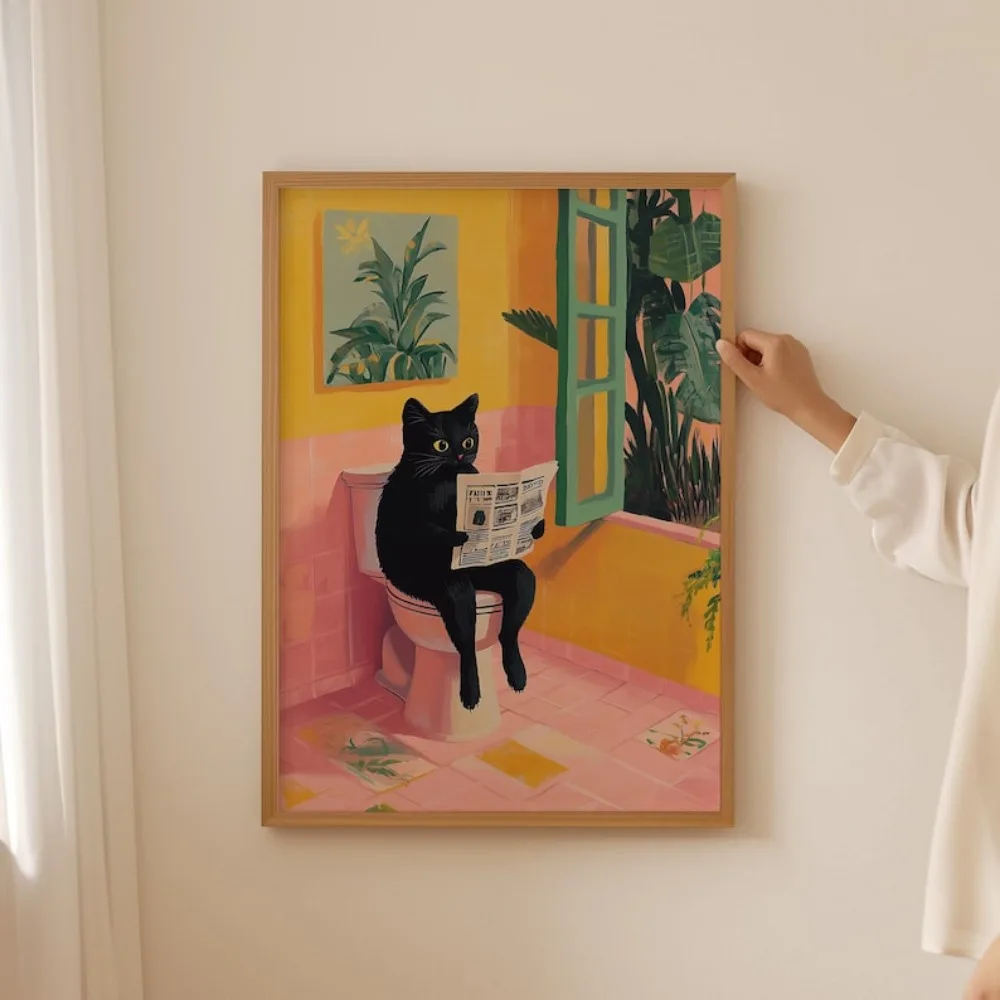 פוסטר קנבס מצחיק של חתול טואלט יפני דופמין אסתטי עבור אוהבי חתולים חדר אמבטיה חדר רחצה עיצוב בית אמנות מתנות