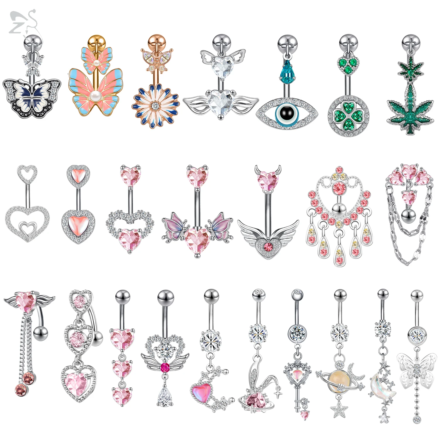 

ZS 1PC 14G Butterfly Moon Heart Belly Button Ring Pink Crystal Belly Piercings Stainless Steel Navel Piercing Pendant Belly Ring