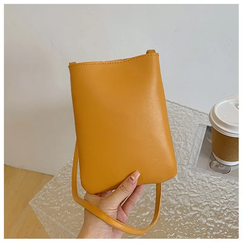 

New Literary Satchel Casual Retro Solid Color Vertical Mobile Phone Bag Simple Soft Leather Shoulder
