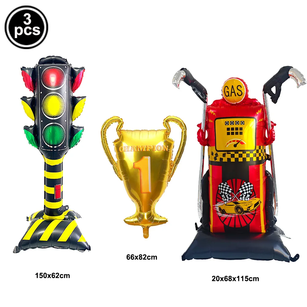 Race-Themed Birthday Party Decoration Set - Balloons, Traffic Cones, Checkered Flags, and Racing Wheel Foil Balloon