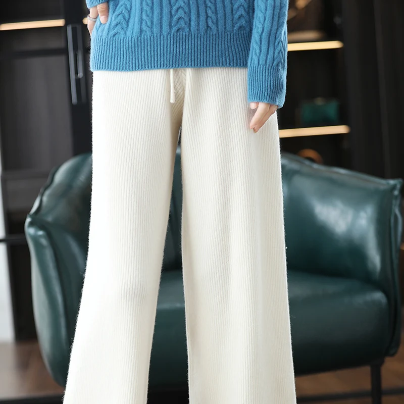 Women's Trousers, High Waist, New Style, Versatile, Autumn Winter, 100% Pure Wool, Slim, Loose, Casual, Straight, Korean Version