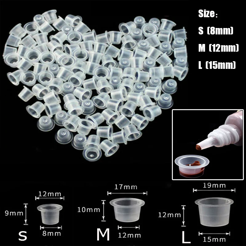 

100pc S(8mm)/M(12mm)/L(15mm) Plastic Container Cap Tattoo Accessory Permanent Makeup Pigment Tattoo Cups Large Medium Small Size