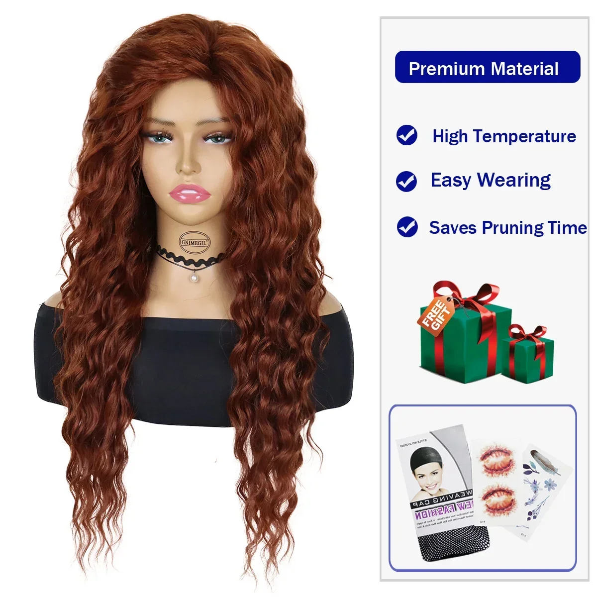 GNIMEGIL-pelucas sintéticas de onda de agua marrón rojizo para mujer, cabello largo de 28 pulgadas, rayita Natural, resistente al calor, Cosplay, Lolita