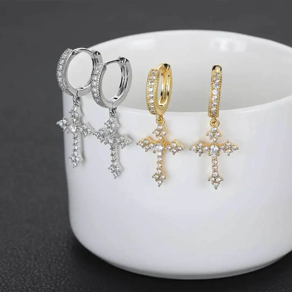 Goth Style Zircon Crystal Cross Drop Dangle Hoop Earrings for Women Men Luxury Fashion Punk Jewelry