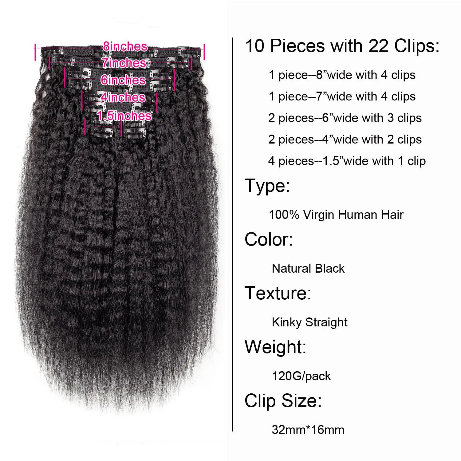Kinky Straight Clip in Hair Extensions Real Human Hair Double Weft Clip ins for Women hair extensions