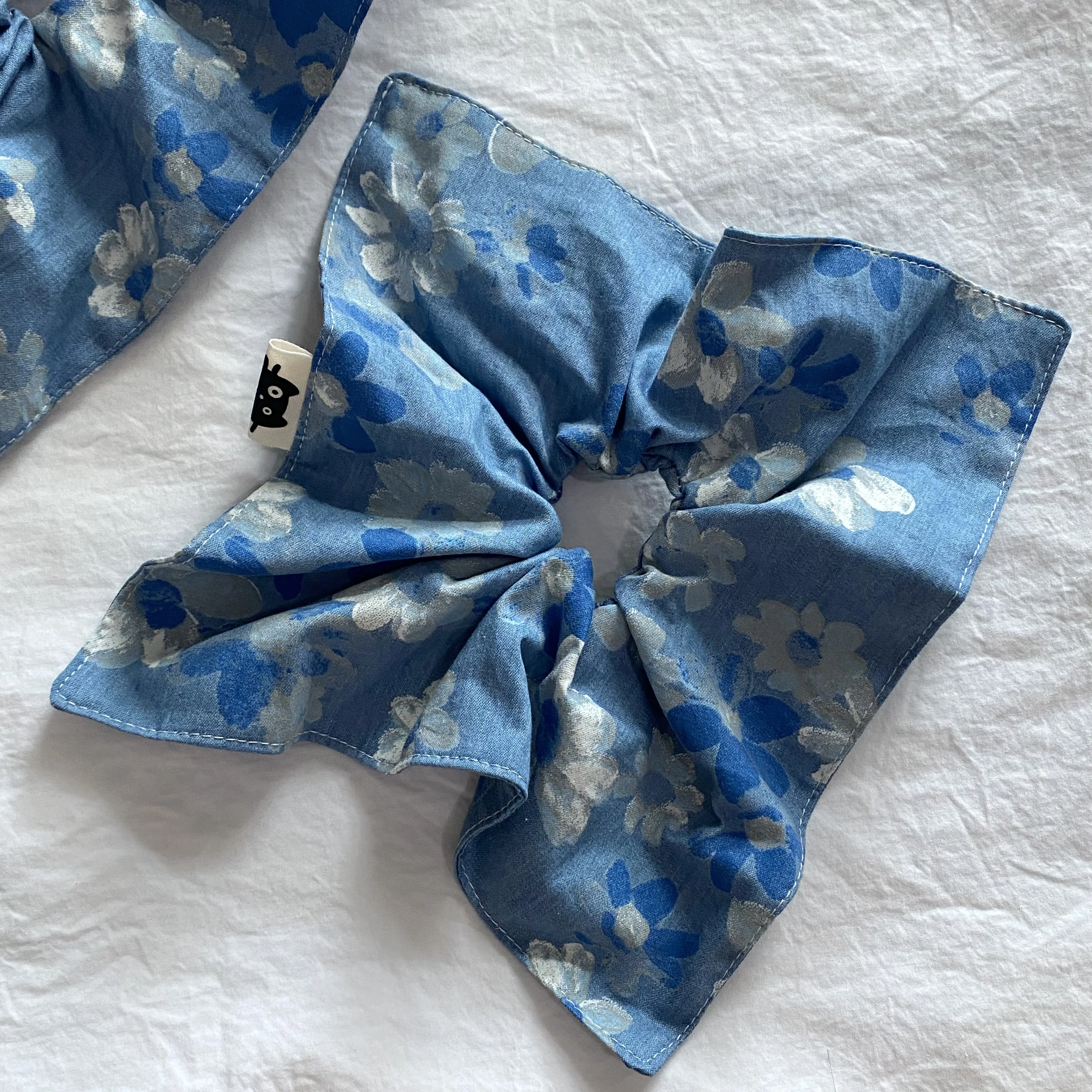1PC Artistic Blue floral denim hair scrunchie, large square - shaped hair tie, unique and stylish hair accessory for women
