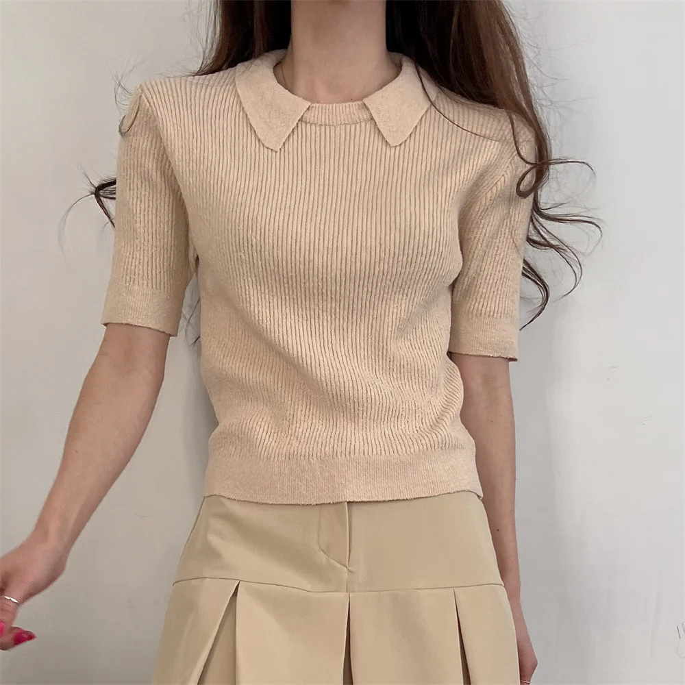 

Женский свитер с коротким рукавом Alien Kitty, облегающие тонкие пуловеры, шикарные свободные офисные дамские лаконичные свитеры с воротником Питера Пэна, лето 2023