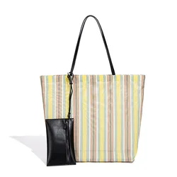 Striped Open Top Tote Bag - Large Capacity Shoulder Handbag (Yellow)