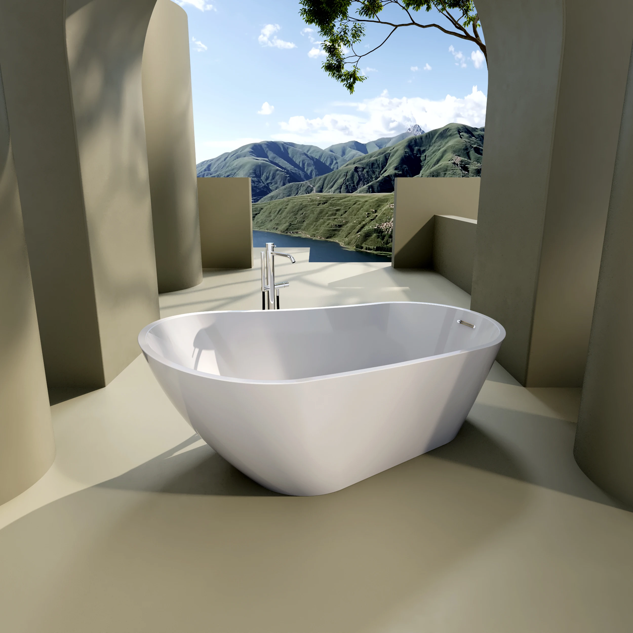 Glossy Acrylic Freestanding Soaking Bathtub with Chrome Overflow and Drain 5