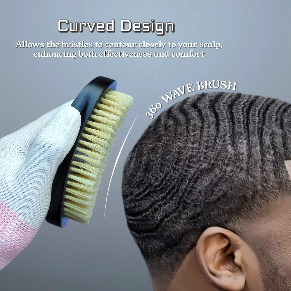 Gracemen 360 Waves Brush Curved Wooden Handle White Boar & Nylon Bristles Mix Medium Stiffness Men's Hair Beard Brush 3