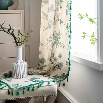 Tende in cotone e lino con stampa nappe nere bordo per soggiorno cucina camera da letto decorazione della casa tende per finestra a bovindo 1