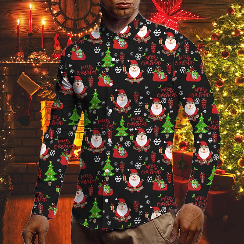Men Christmas Shirts Xmas 3D Printed Long Sleeve Blouse Holiday Party Tops Slim Fit Tee Shirt For Men Harajuku Lapel Shirts
