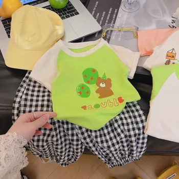 1 Piece Beige Sleeve Girls Boys T-shirt Apple Bear Kids Tops Cotton Clothing For Summer 1