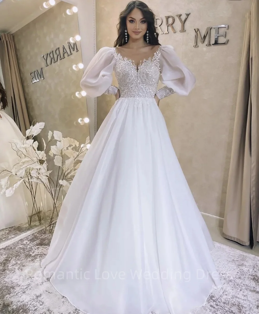 

Graceful Long Puff Sleeve Wedding Dress A-Line Organza White Lace Appliques For Women Bridal Gowns Robe Customize De Mariee