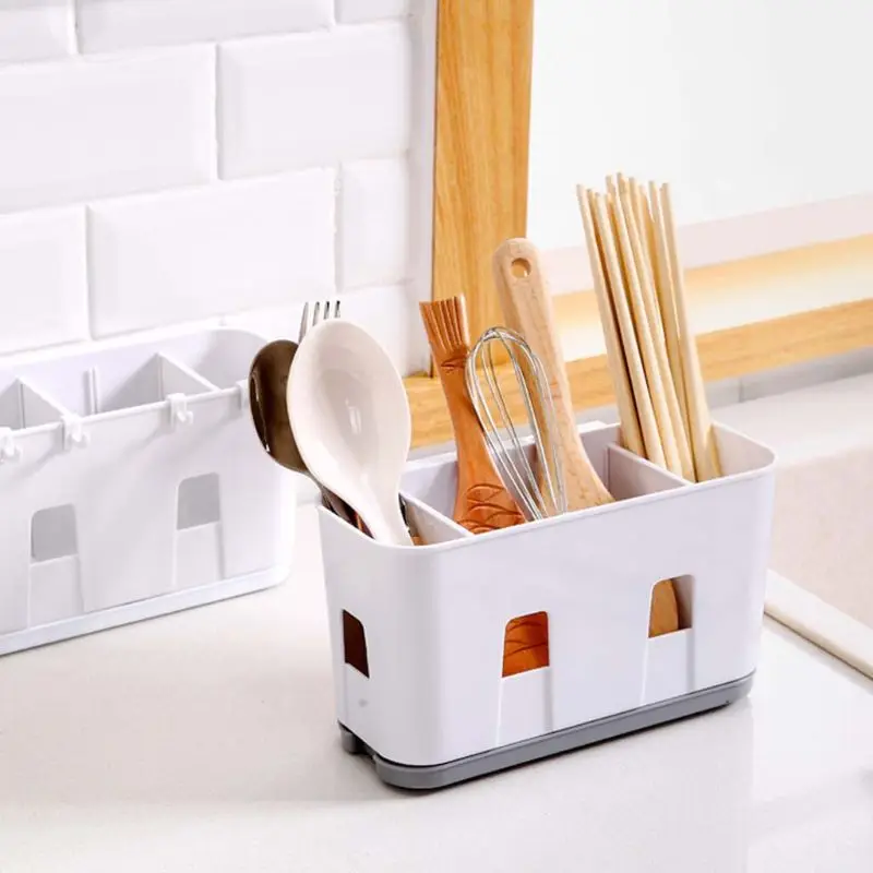 Wall Mounted Cutlery Drainer Rack with Drip Tray Utensils Organizer Spoon Fork Kitchen Supplies