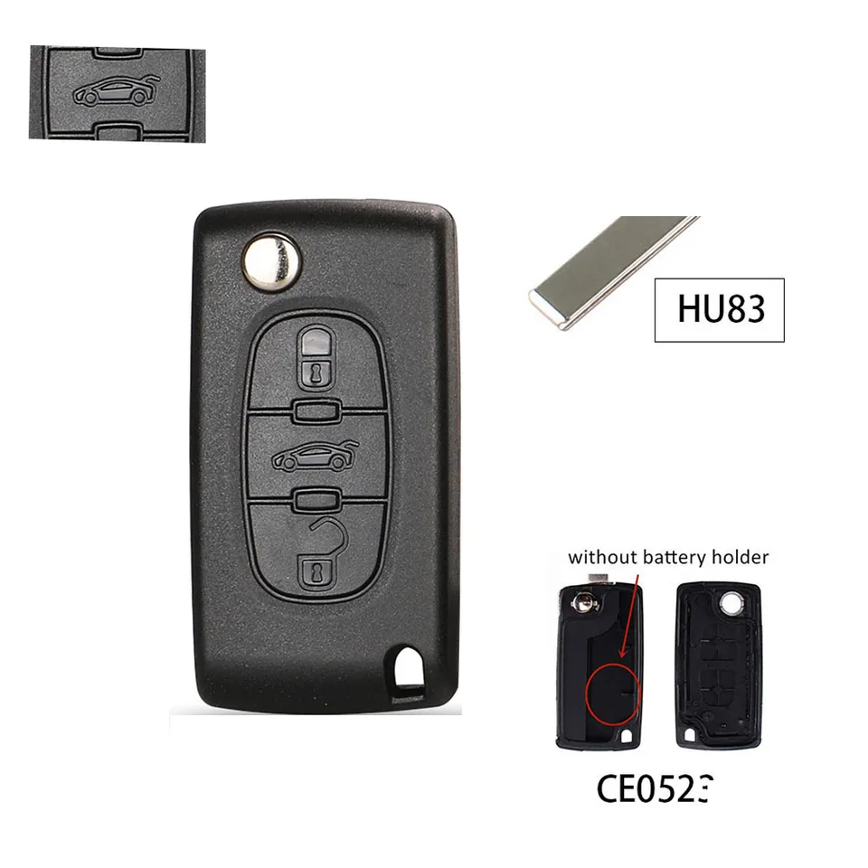 HU83 CE0523 - 2 BOUTONS - Coque Clé Peugeot 107 207 307 308 407 CE0523 HU83 Lame Avec RAINURE