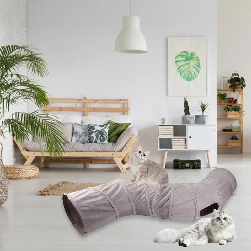 

New Cat Exercise Tunnel for Indoor Cats Collapsible Cat Toys Play Tube S Shape Cat Tunnel Grey Suede Pet Crinkle Tunnels for Cat