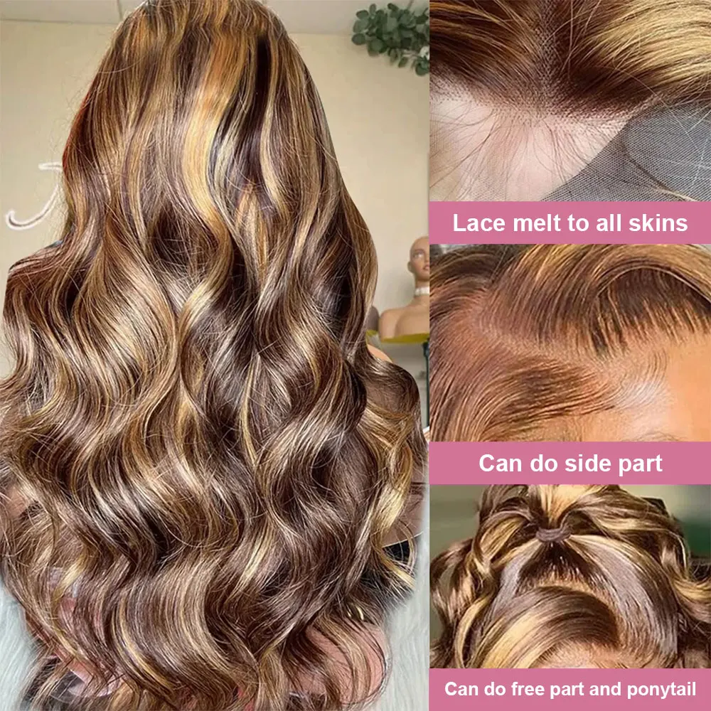 40 Inch 250% 13x6 Highlight Hd Lace Frontal Wig Human Hair Body Wave Colored Honey Blonde Lace Front Human Hair Wigs For Women 3