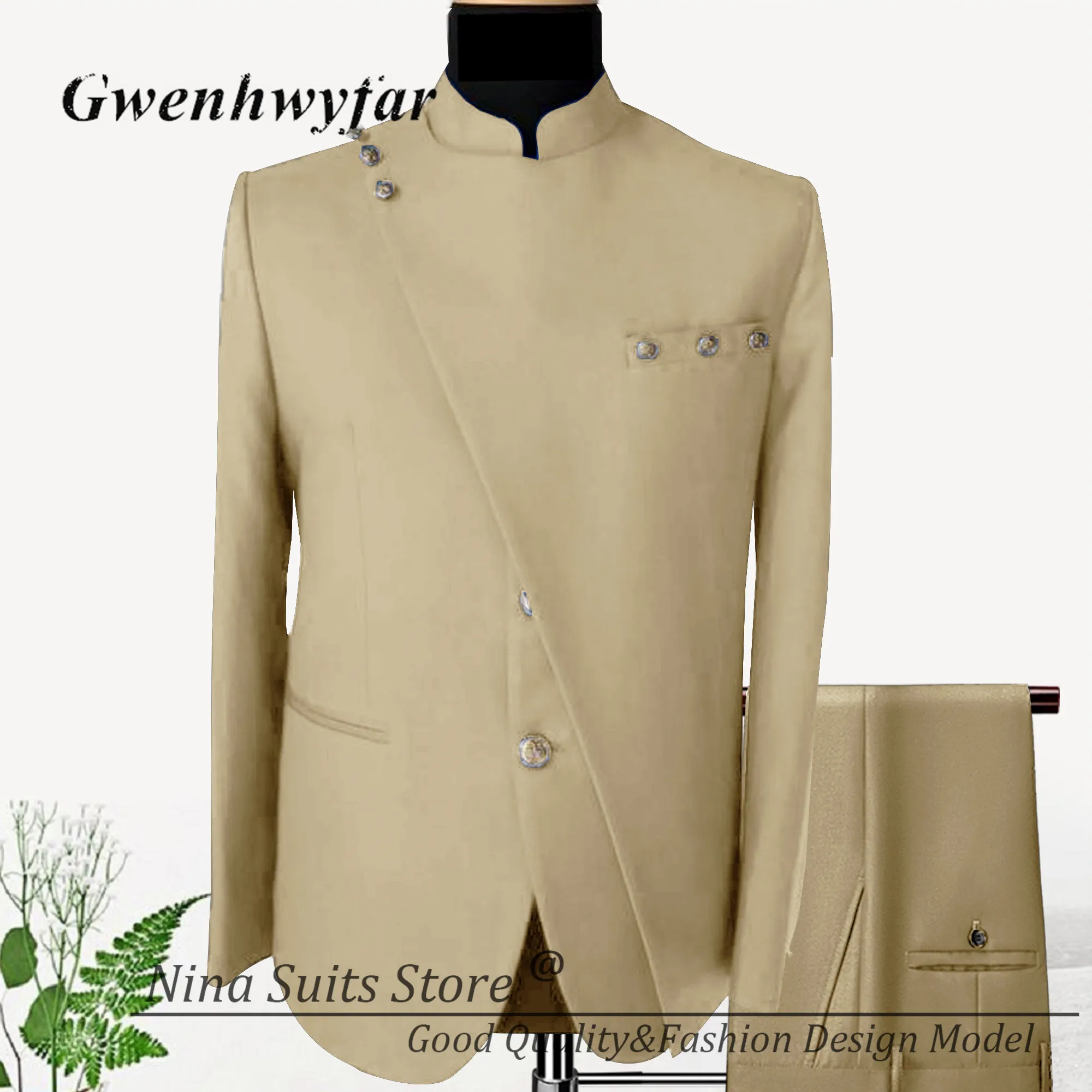 Gwenhwyfar African Design Men Suits Stand Collar Gold Button Patchwork Style Jacket Pant Royal Blue Men Costume