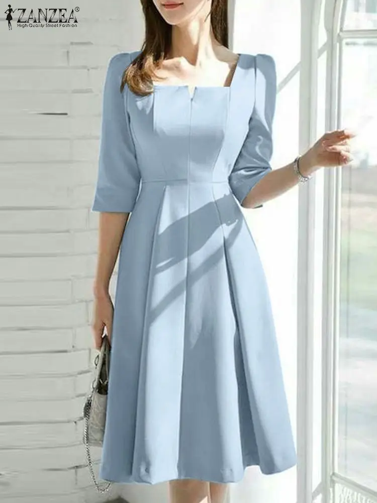 ZANZEA Fashion Summer Dress Women Half Sleeve Square Collar Sundress  Elegant Party Vestido Casual Solid OL Work Dresses Robe at Lanlins Apparel  Store in ali-express reviews-price-history