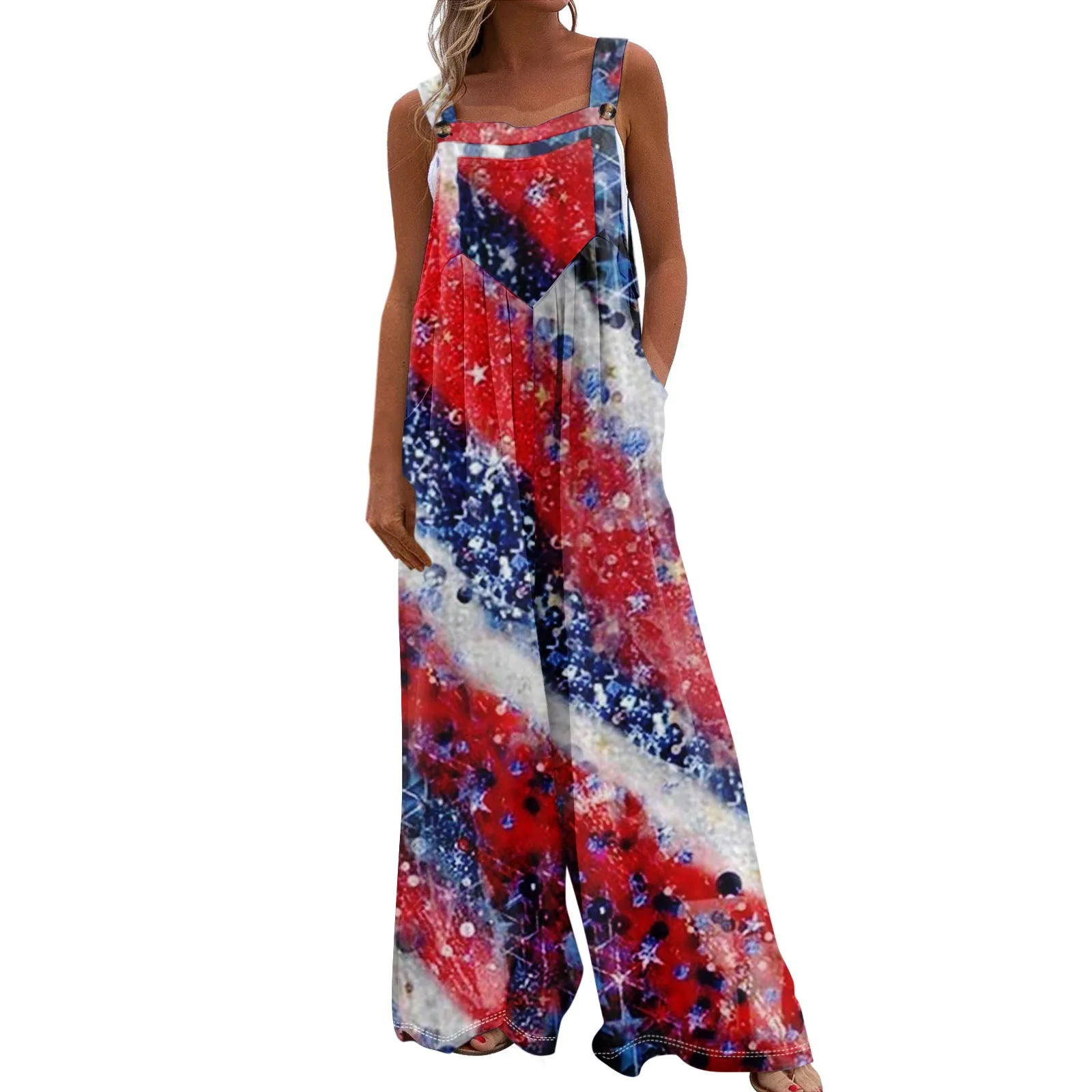 

Wide Leg Overalls For Women Casual Loose Sleeveless Print Button Long Pant Romper Jumpsuit With Pockets Elegant Woman Jumpsuit