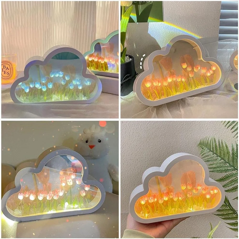 DIY 클라우드 튤립 야간 조명 수제 LED 거울 램프, 홈 데스크탑 장식, 2 인 1 튤립 꽃 거울, 어린이 소녀 선물