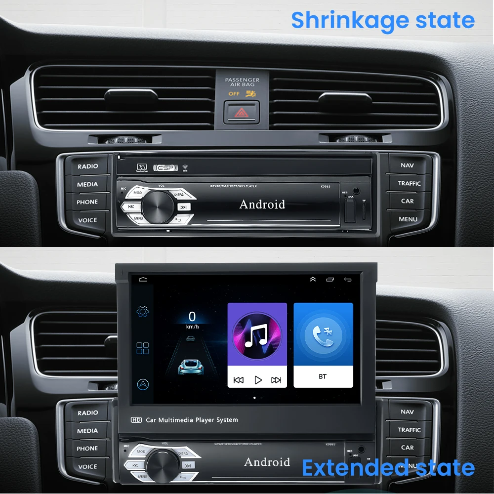 Android 9.0 Autoradio Rétractable GPS Wifi Autoradio 1 Din 7'' Écran tactile  Voiture Multimédia Mp5 Player Support Caméra Pas de DVD