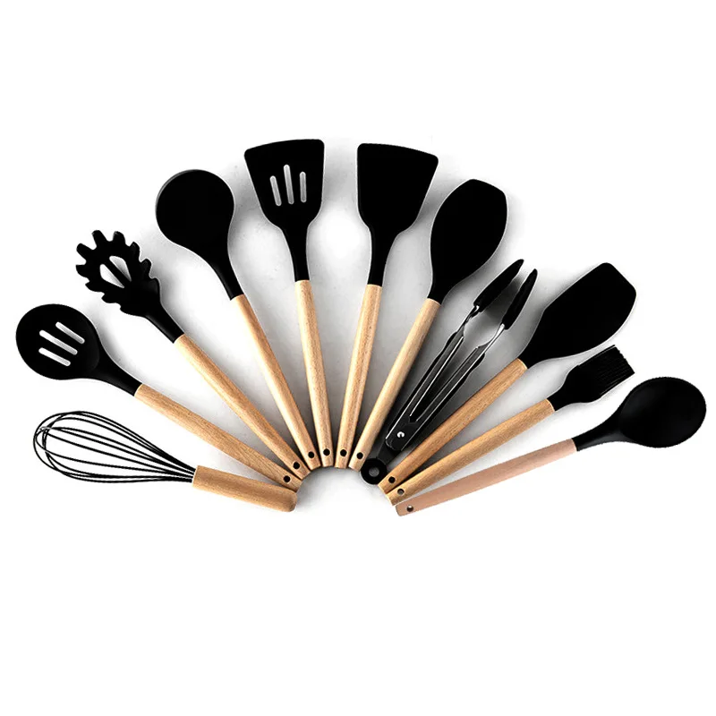 Black Silicone Cooking Utensils kitchen Accessories Set Tool Ladle Egg Beaters Shovel Cooking Non-stick Wooden Handle Spatula