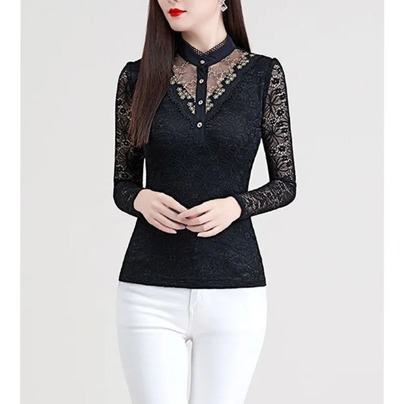2023 New Autumn and Winter Fashion High End Standing Neck Lace Button Long Sleeve Temperament Commuter Fit Underlay Shirt Women