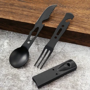 Set di Utensili da Campeggio Multifunzionale Portatile in Acciaio Inox, Kit di Stoviglie da Esterno con Cucchiaio, Forchetta e Fischietto per Escursioni, Picnic e Viaggi