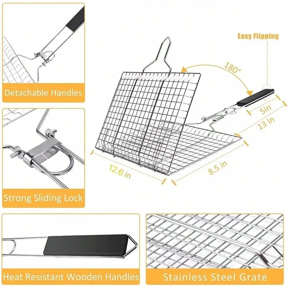 Folding Portable Outdoor Camping Stainless Steel BBQ Rack Removable Handle Grilling Basket Barbeque Griller Cooking Tools