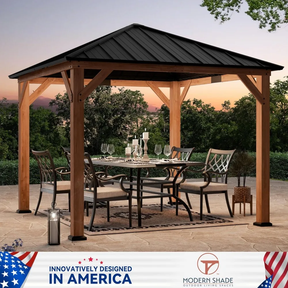 Modern shade tranquil wooded terrace 10' x 10', permanent hardtop BBQ terrace, cedar-framed garden, wooden gazebo in backyard