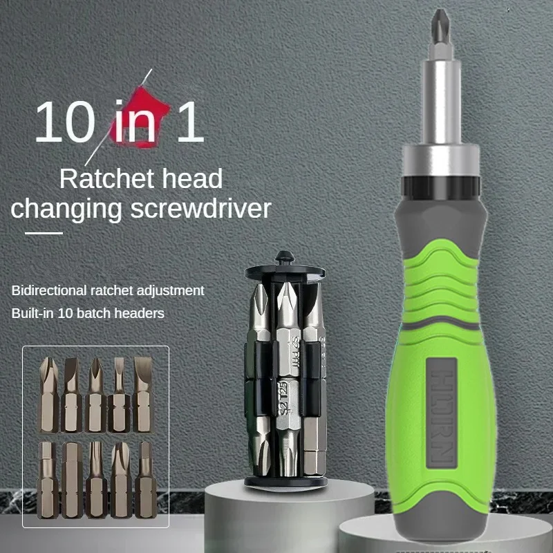 Compact Dual-Purpose 10-in-1 Screwdriver Set with Crosshead Ratchet