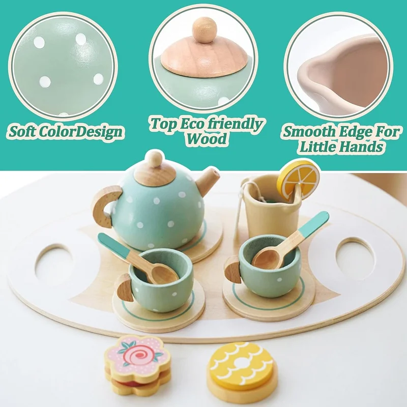 Wooden tea set toy little girls toddler play kitchen accessories kids pretend play food party toys