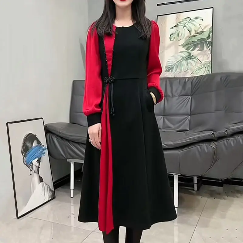 Buckle Chinese Style Western Splicing Medium Long Fake Two Pieces Fashion Belly Covering Slim Age Reducing A-line Dresses