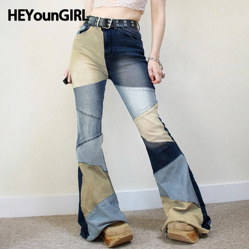 

HEYounGIRL Contrast Patchwork Flare Jeans Women's High Street Vintage Y2K Skinny Blue Denim Trouser Harajuku Low Waist Outfits