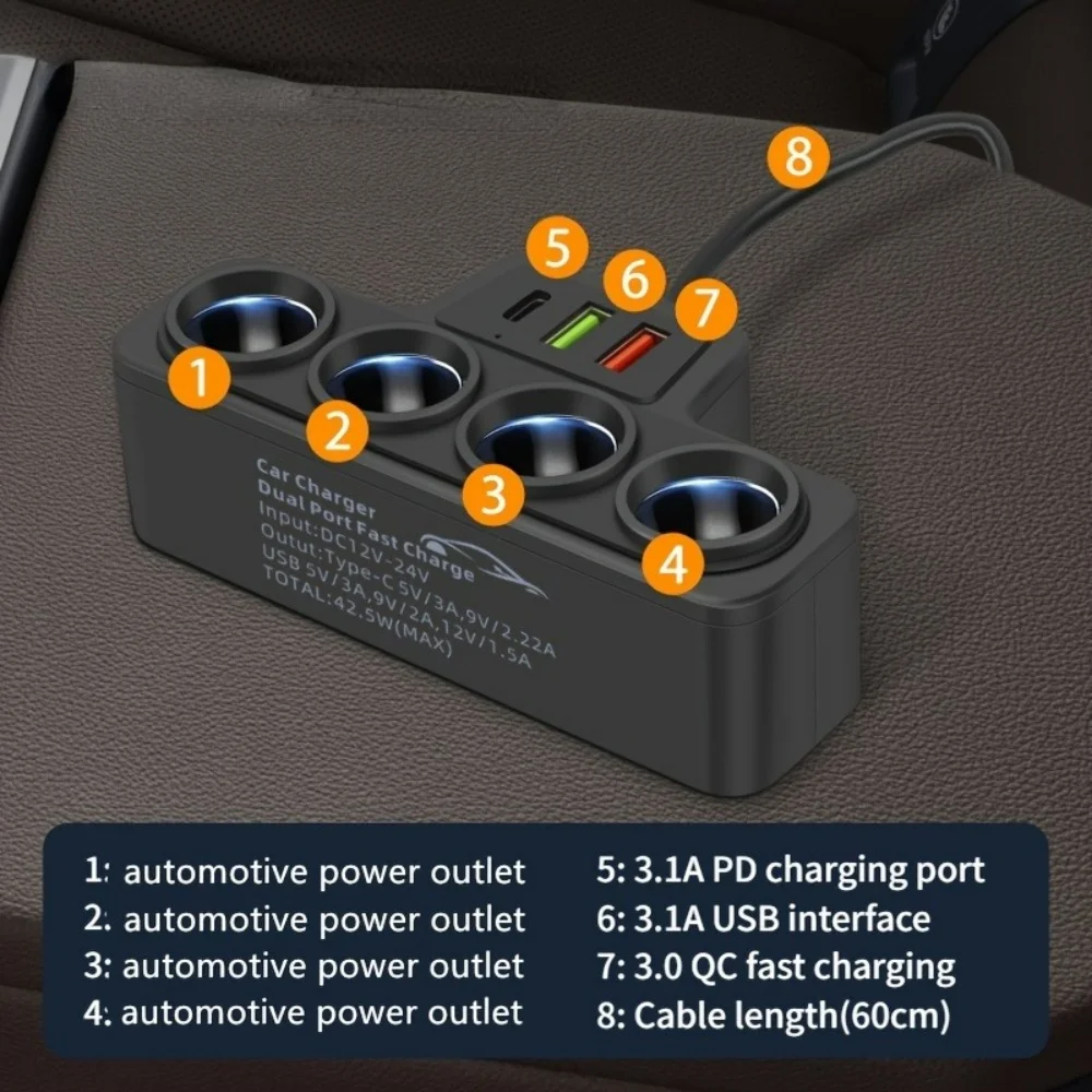 12V/24V Car Cigarette Lighter Adapter 4 Ports 3.1A USB Charger 120W QC3.0 PD Fast Charging for iPhone Samsung Truck SUV Vehicle