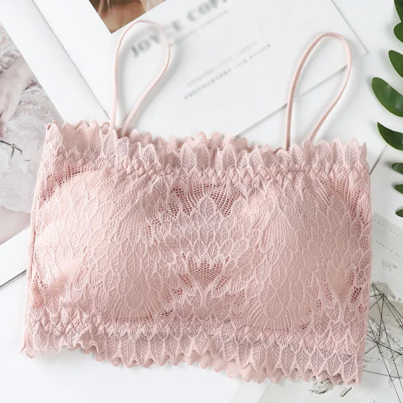 2021 Female Summer Crop Tank Top Women Fashion Deep V Lace Bras Embroidery Floral Tank Top Bra Wrapped Chest Camisole Padded Bra