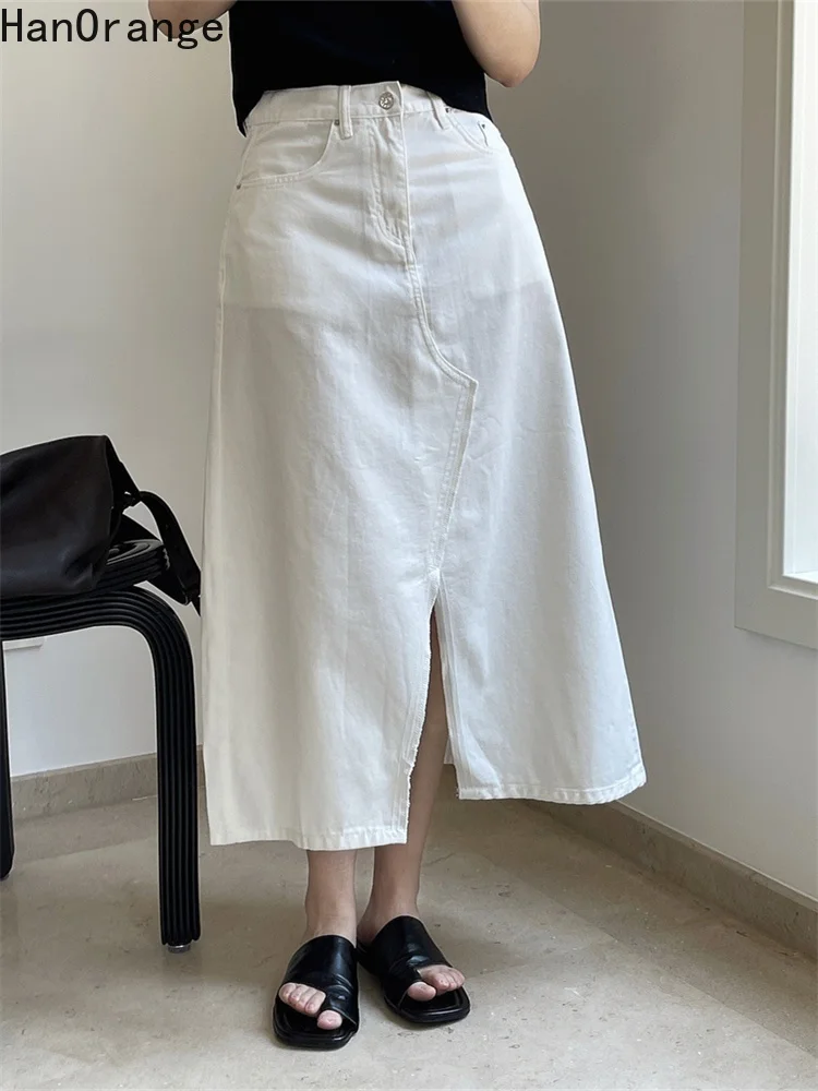HanOrange 2024 Summer Ins Casual High Waist Denim Skirt Slits Loose Thin Soft A-line Midi Skirt white