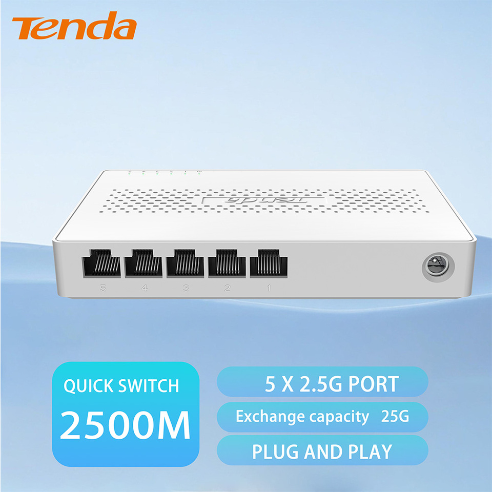Tenda 2.5GbE Ethernet Switch 2.5GBASE-T 5 Port 2.5G RJ45 Fanless Plug and Play Network Switch Desktop Hub Internet Splitter