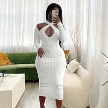 

FAGADOER Sexy Hollow Out Bodycon Dress Women Solid Long Sleeve Slim Midi Dress Elegant Club Party Vestidos Dresses Lady Clothing