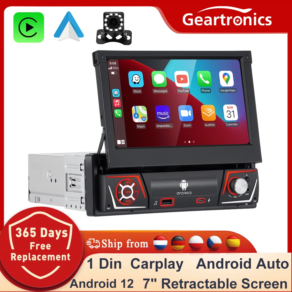 Radio con gps para coche, reproductor Multimedia con Android 12, 1 din, Carplay, pantalla retráctil IPS de 7 ", Universal