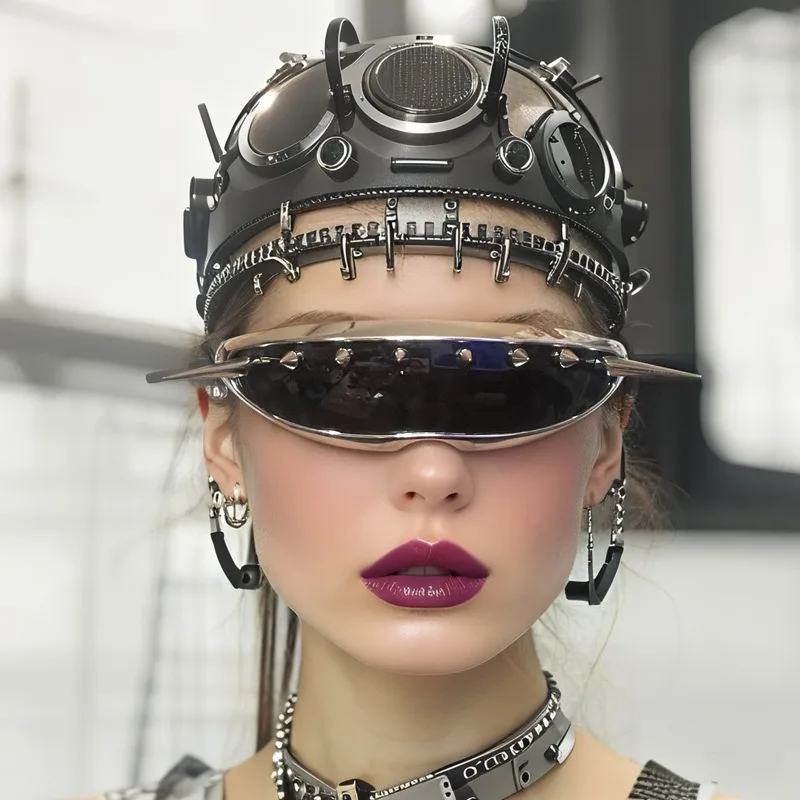 Cyberpunk Rivet Goggles - Retro-Futuristic Steampunk Mask with Interchangeable Lenses for Cosplay & Cycling Fashion (Unisex)