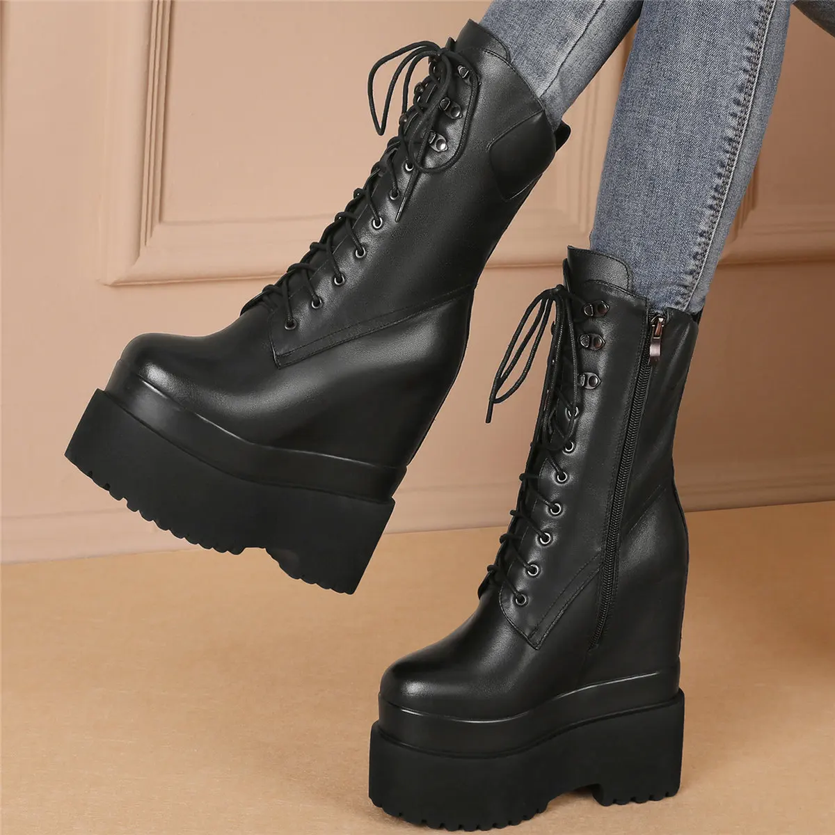 

Chunky Platform Pumps Women Lace Up Genuine Leather Wedges High Heel Ankle Boots Female Round Toe Fashion Sneakers Casual Shoes