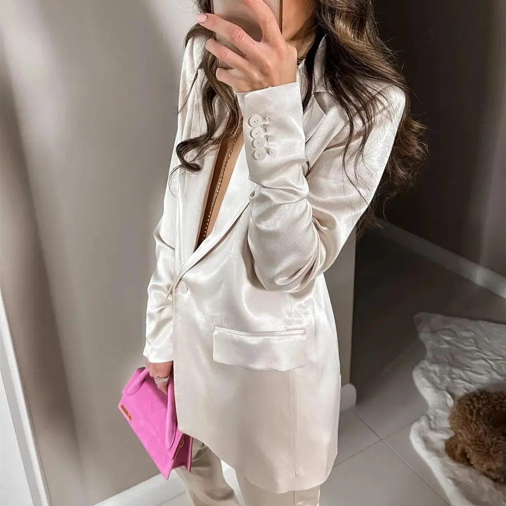 Ivory Women 2022 New Fashion Trousers Suits Pleated Design Satin Texture Single Button Blazer Coat Long Sleeve Female 2 Pieces